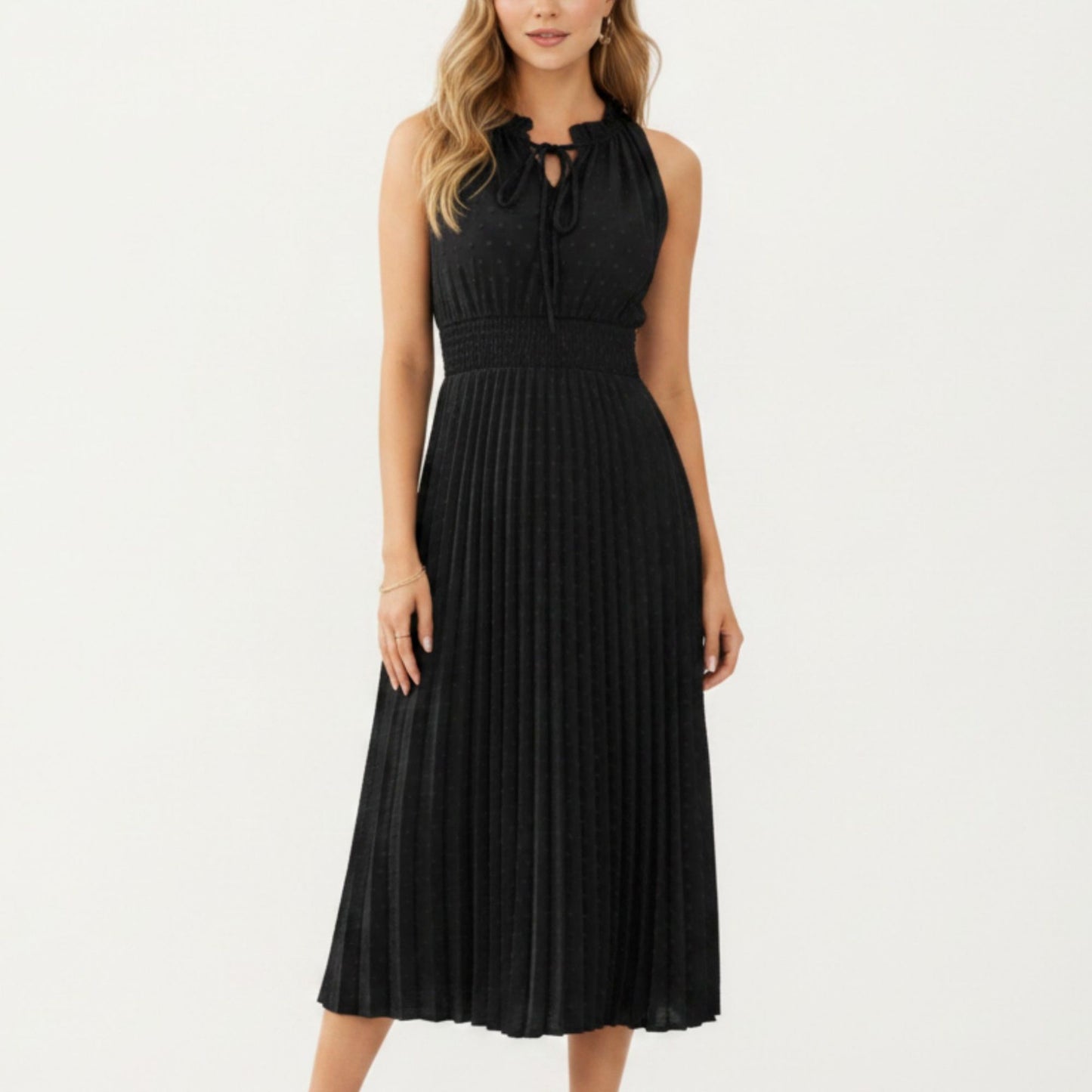 Sleeveless Midi Dress with Pleated Skirt and Tie Neck Detail