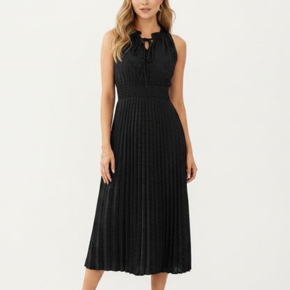 Sleeveless Midi Dress with Pleated Skirt and Tie Neck Detail