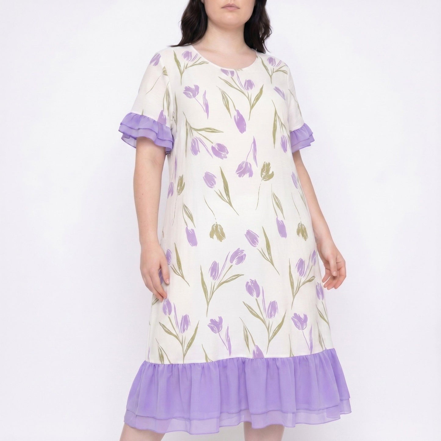 Short Sleeve Floral Midi Nightgown Ruffle Trim Relaxed Sleep Dress