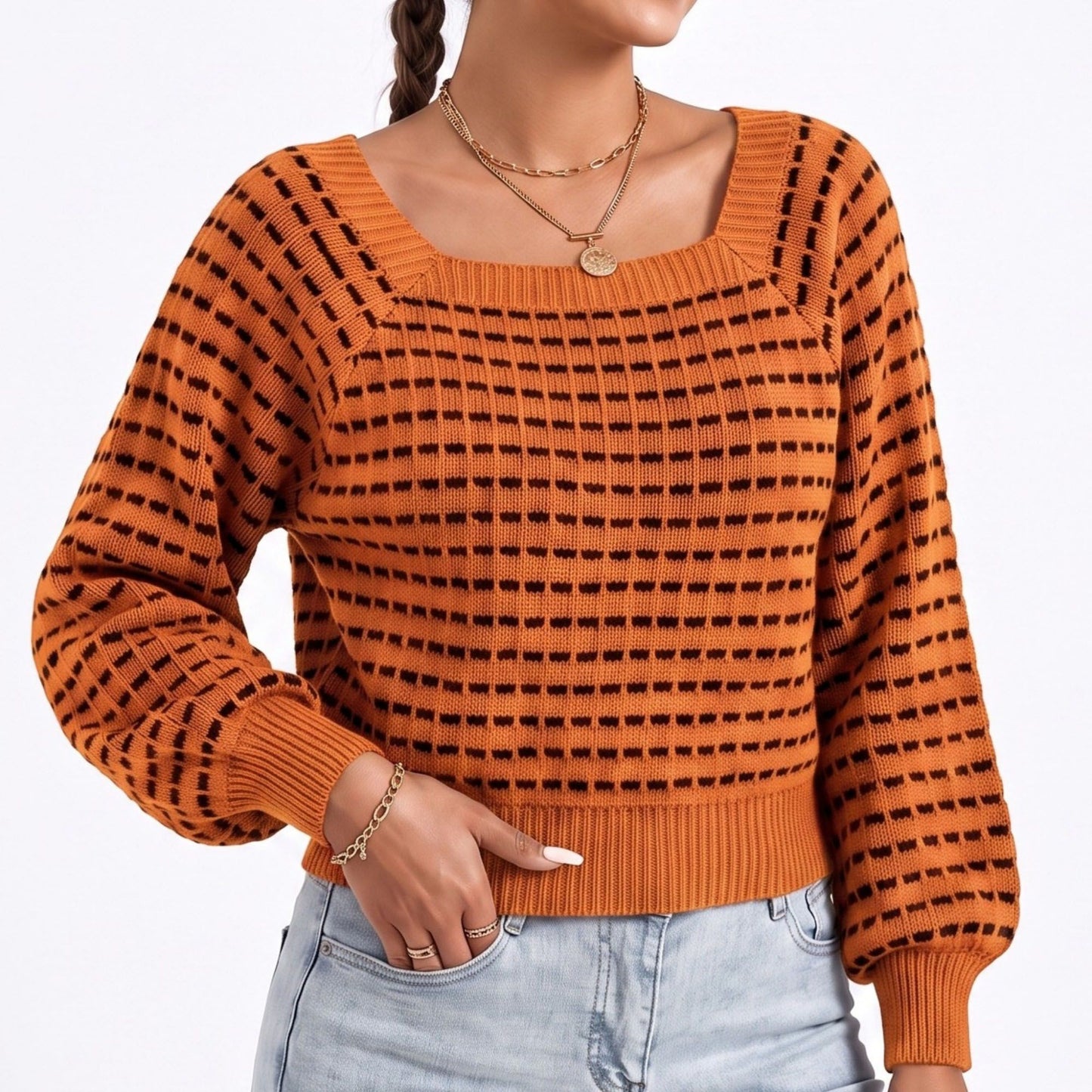Square Neck Textured Stripe Balloon Sleeve Knit Sweater