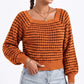 Square Neck Textured Stripe Balloon Sleeve Knit Sweater