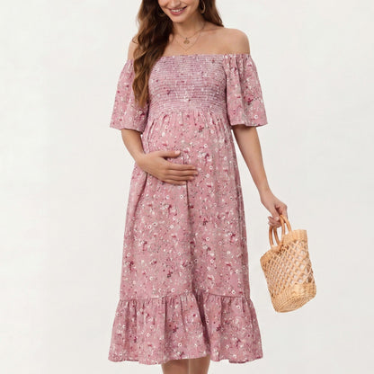 Maternity Floral Square Neck Midi Dress with Short Sleeves and Ruffle Hem