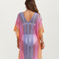Ombre Crochet Swim Cover Up Dress with Open Knit Mesh Design V Neck Short Sleeves Relaxed Fit