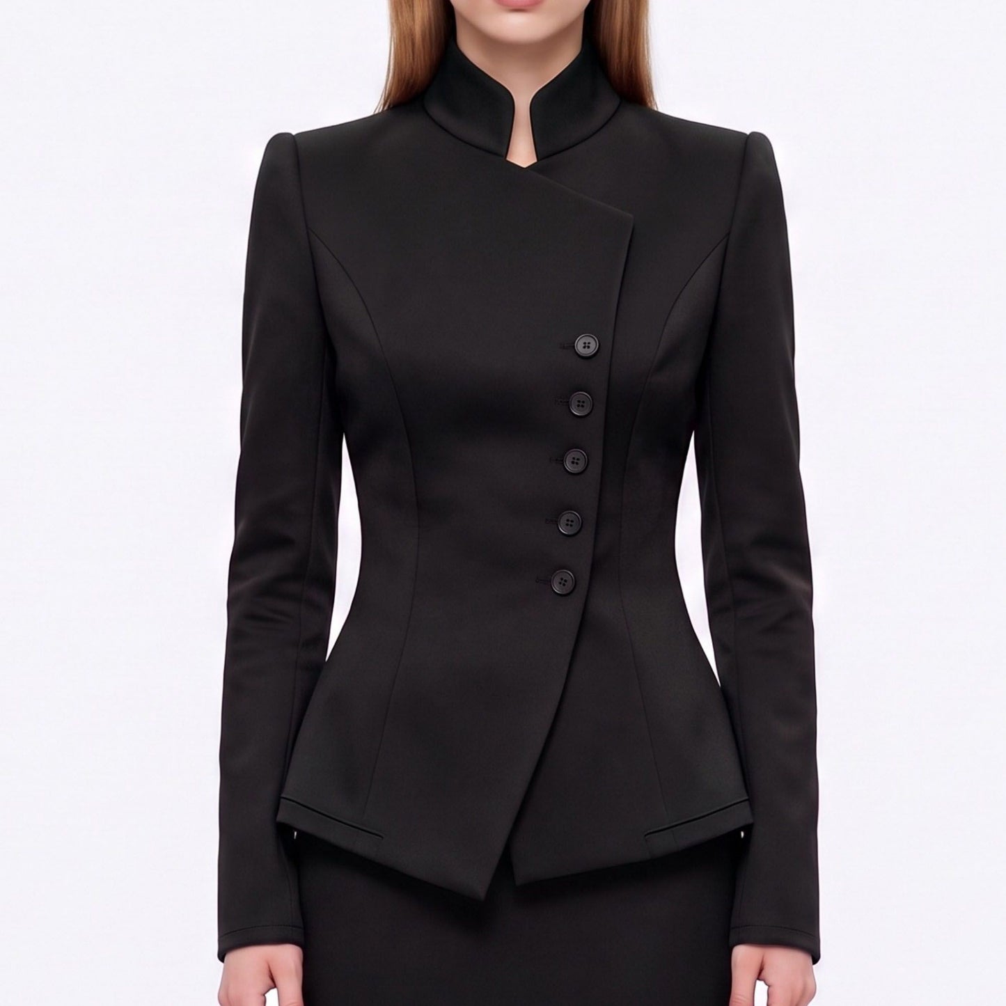 Asymmetric Button Front Blazer with Stand Collar and Peplum Hem