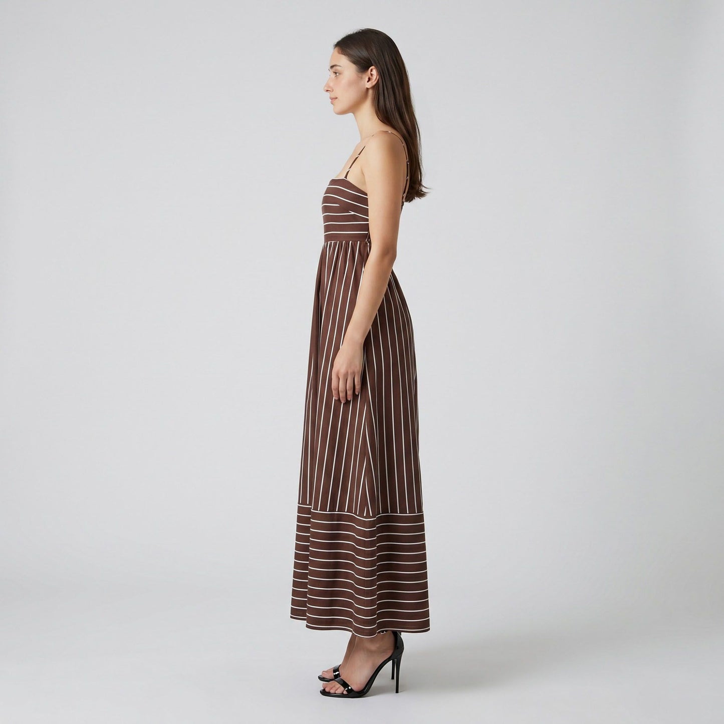 Striped Square Neck Sleeveless Maxi Dress with Fitted Bodice Adjustable Straps and Flowy Tiered A-Line Skirt