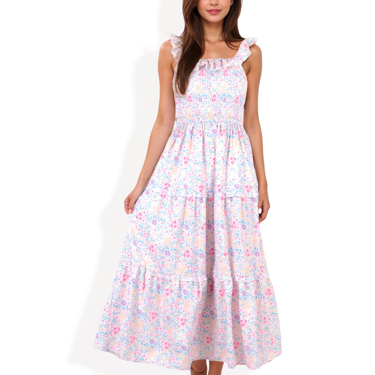 Smocked Chest Floral Print Maxi Dress with Ruffle Hem