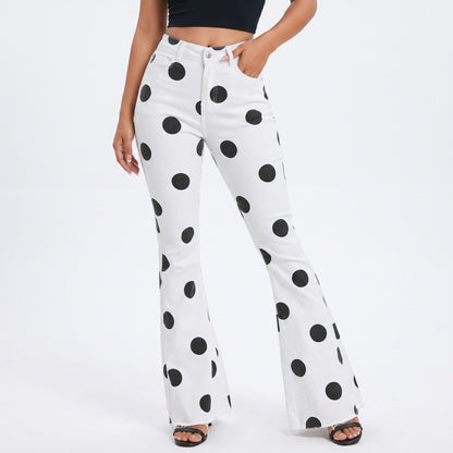 Polka Dot Flare Jeans High Rise Stretch Denim Pants