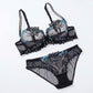 Floral Embroidered Sheer Mesh Underwire Bra and Panty Two Piece Lingerie Set