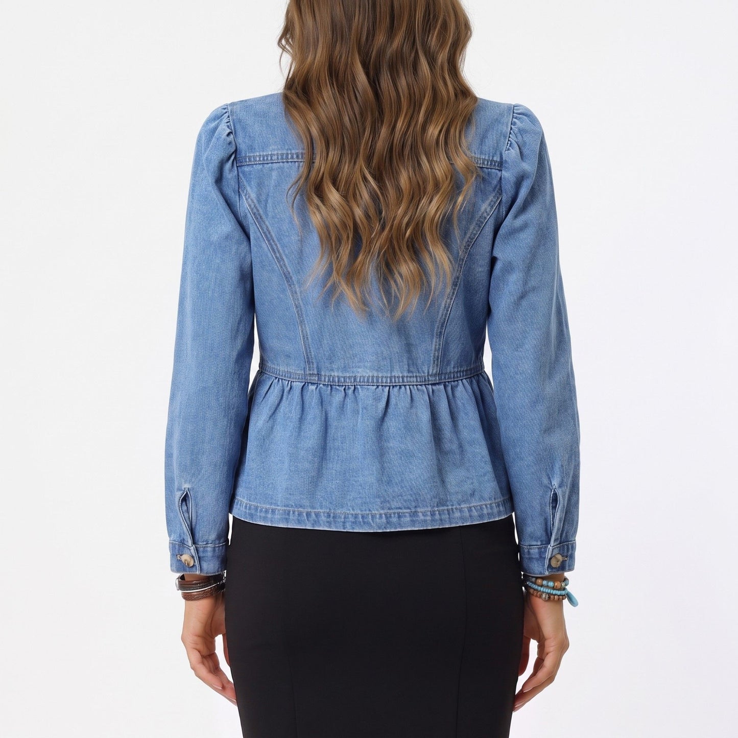 Peplum Denim Jacket Long Sleeve Button Front Jean Blazer with Ruffle Waist