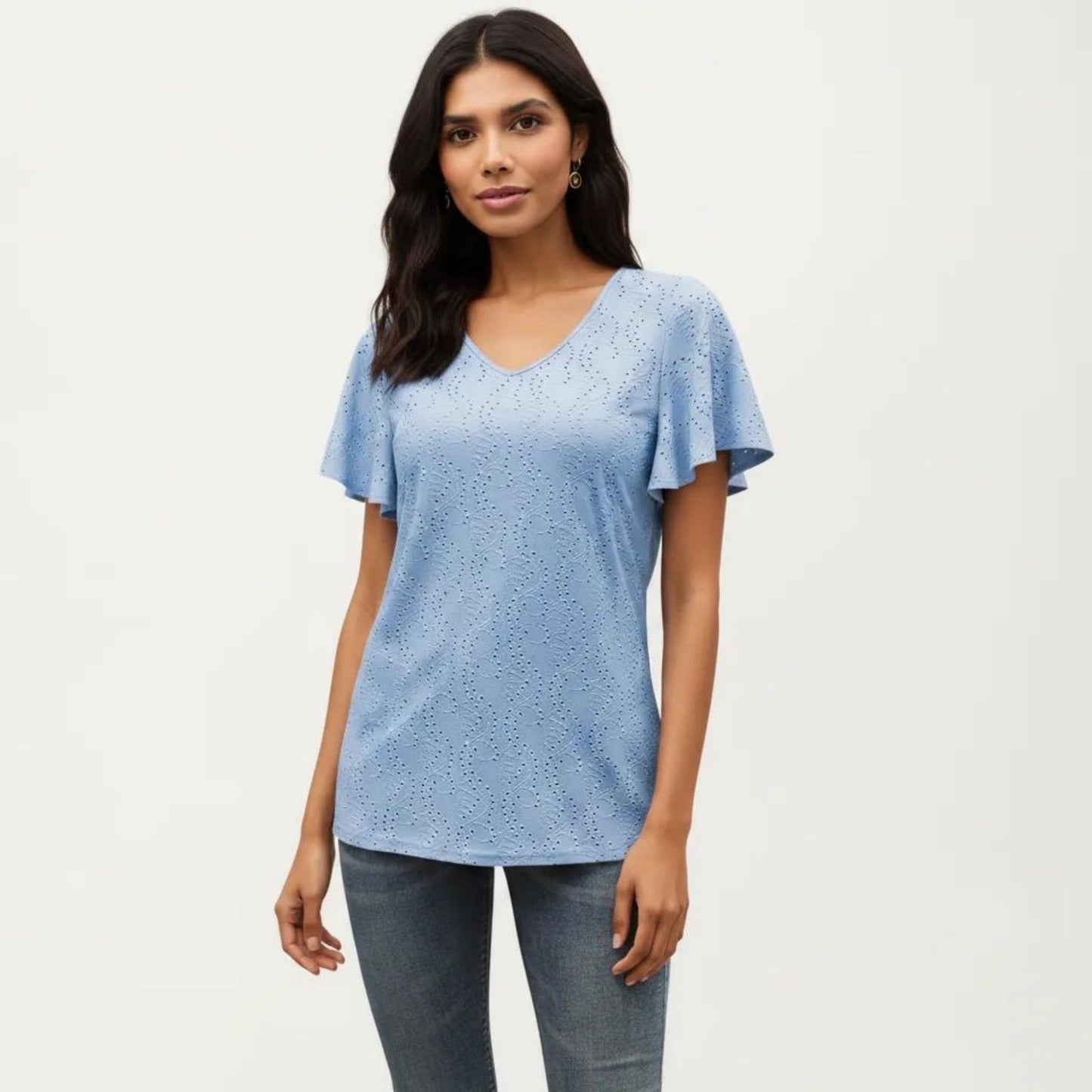 Short Sleeve Eyelet V-Neck Top with Floral Embroidery and Flutter Sleeves