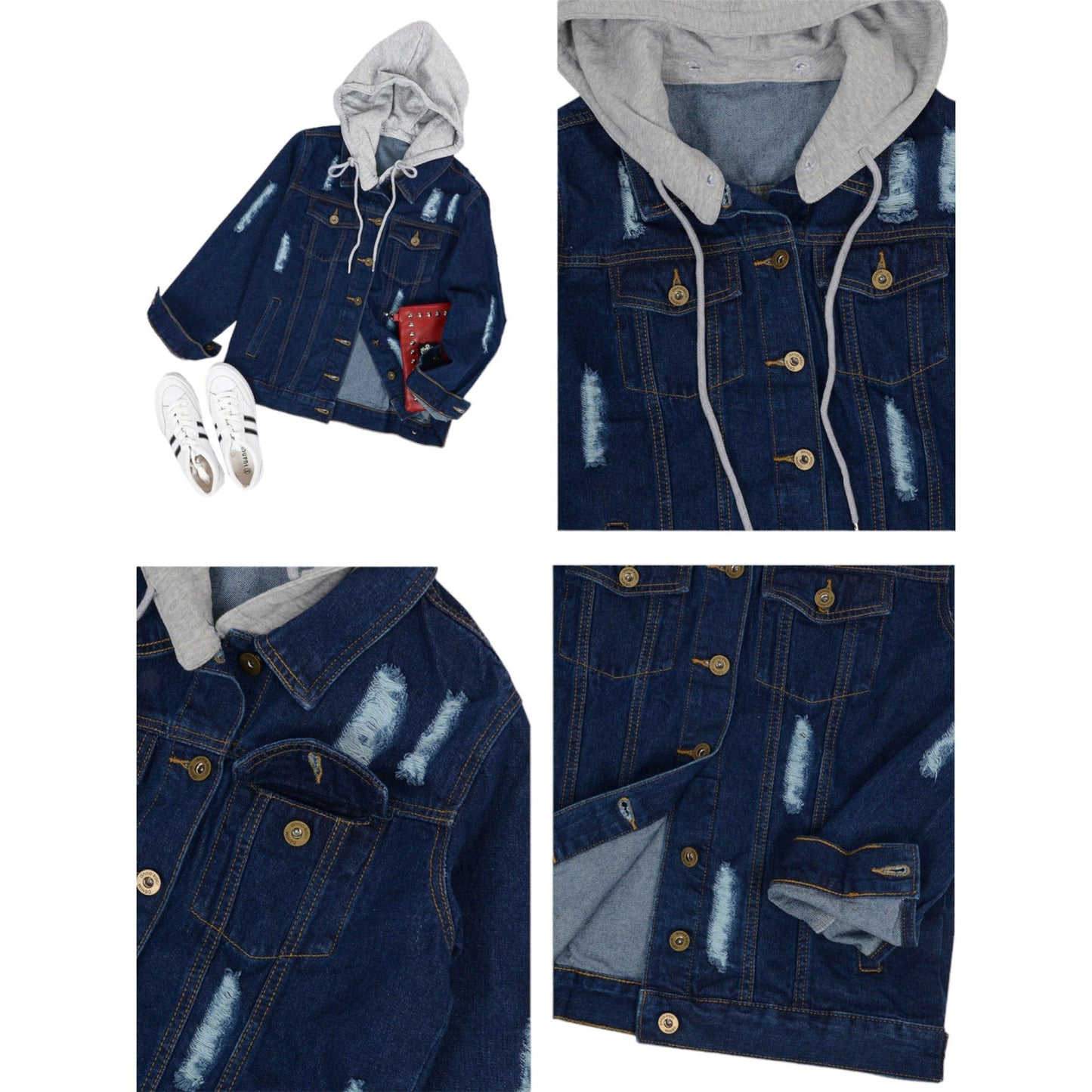 Detachable Hoodie Denim Distressed Jean Jacket