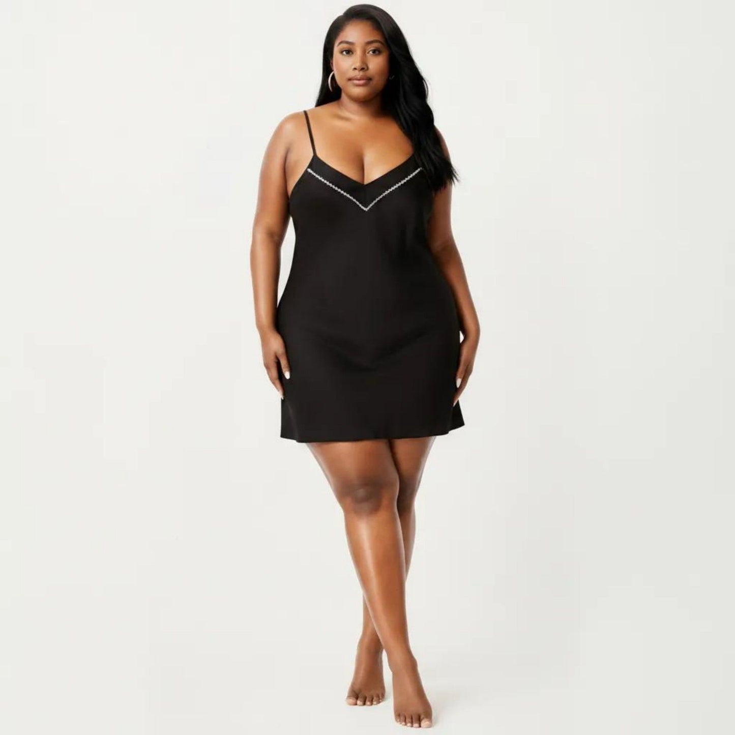 Plus Size V Neck Slip Nightgown Contrast Trim Spaghetti Strap Soft Satin Sleep Dress Short Chemise