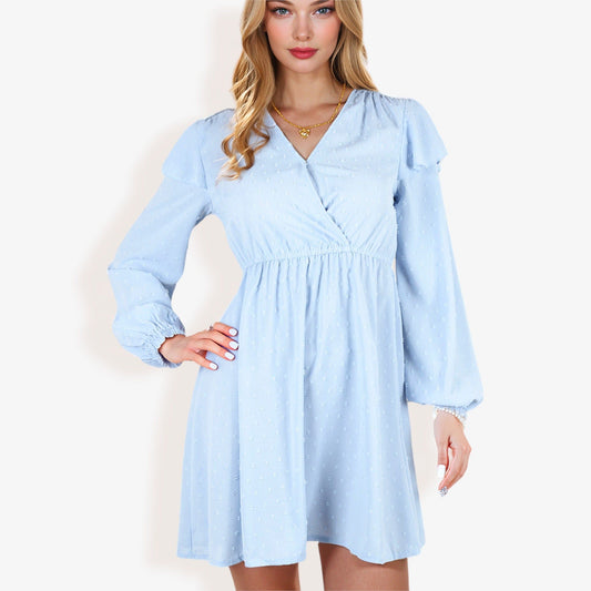 Long Sleeve V-Neck Polka Dot A-Line Dress Ruffle Shoulders