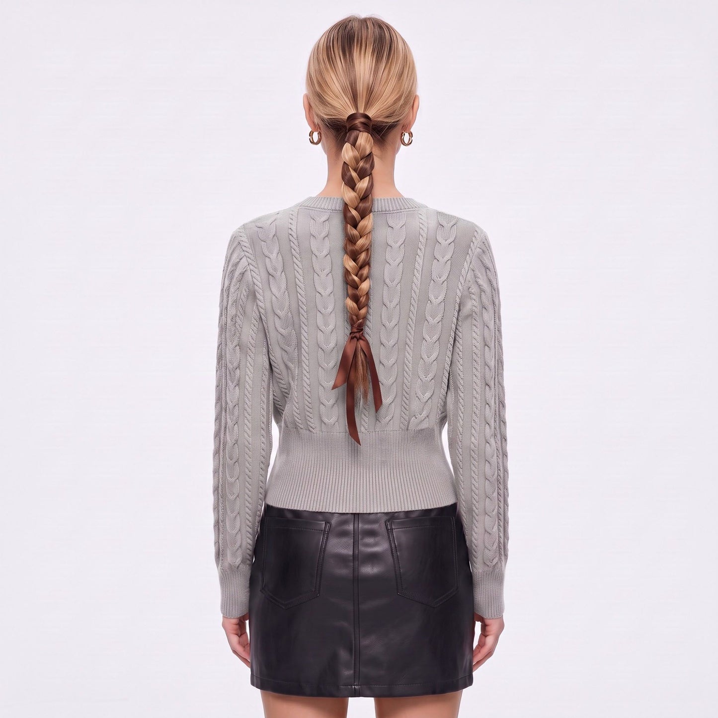 Cable Knit Crewneck Sweater with Front Zipper