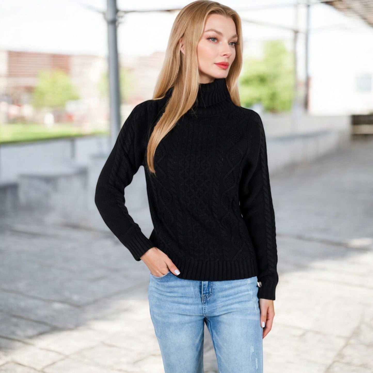 Long Sleeve Cable Knit Turtleneck Sweater