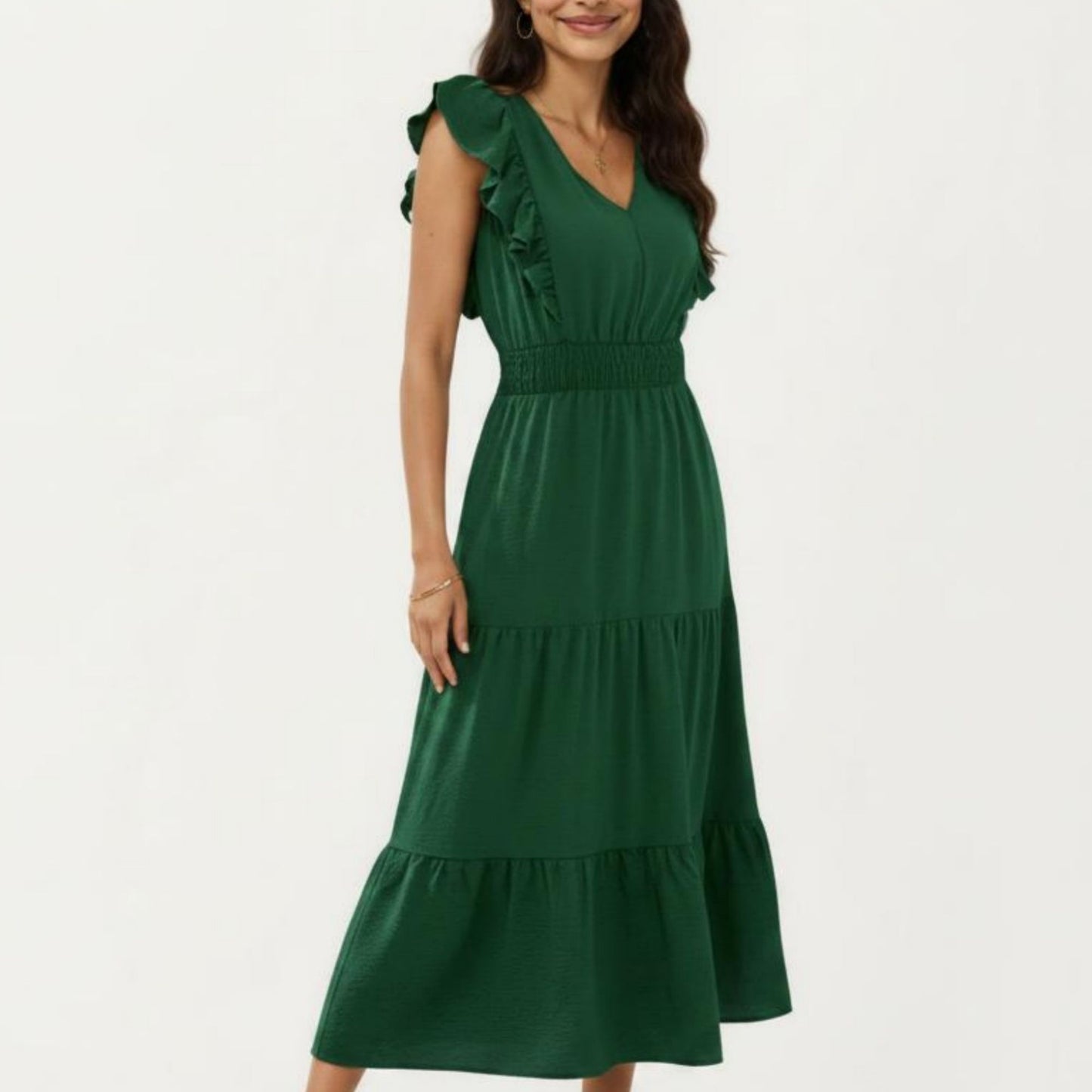 Tiered Midi Dress with Ruffle Sleeves and Smocked Waist
