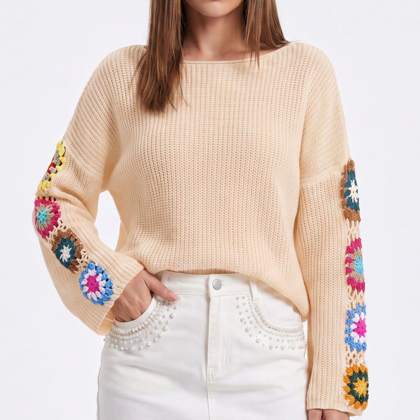 Crochet Floral Sleeve Knit Pullover Sweater with Long Sleeves
