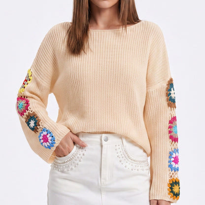 Crochet Floral Sleeve Knit Pullover Sweater with Long Sleeves