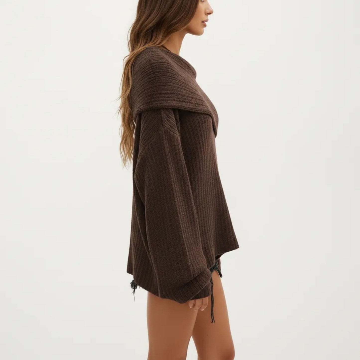 Off-Shoulder Ribbed Knit Sweater Top with Foldover Neckline and Soft Relaxed Fit for a Chic Textured Look