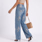 Floral Embroidered Wide Leg Jeans High Rise Relaxed Denim Pants
