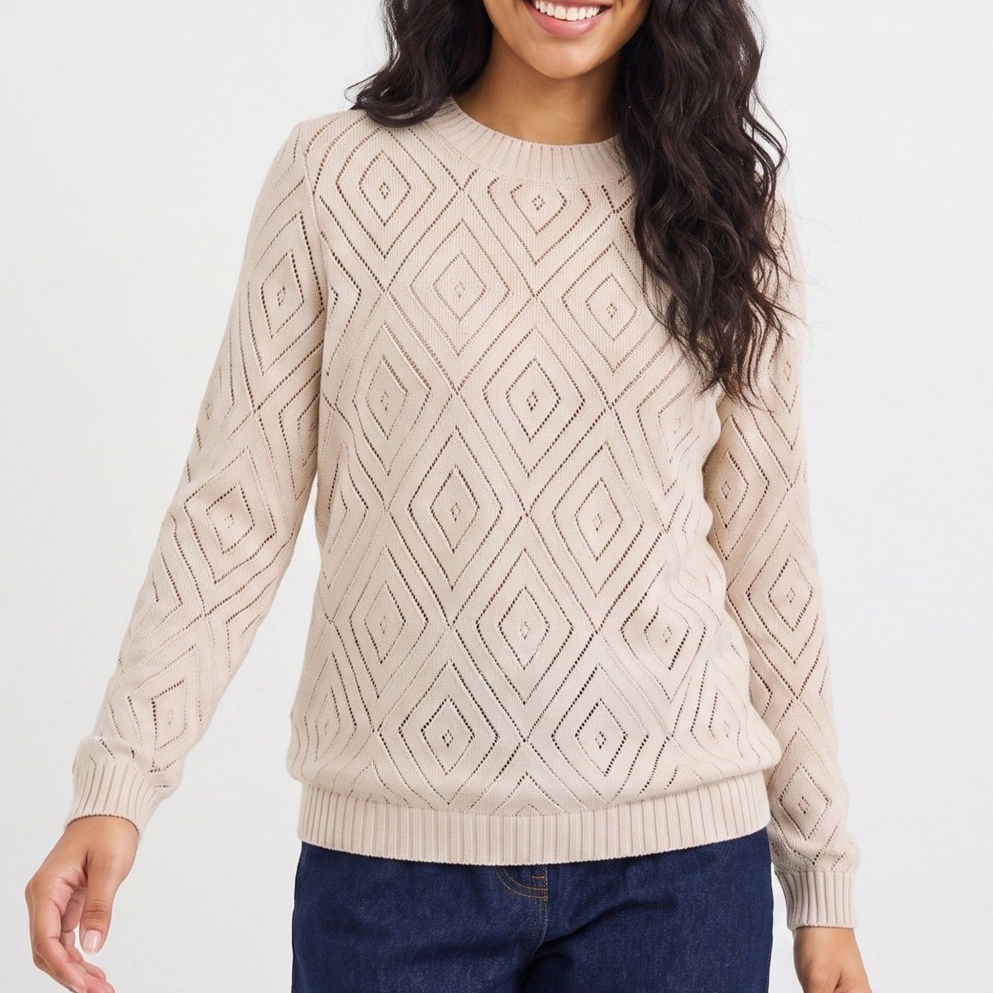 Diamond Pointelle Knit Long Sleeve Sweater