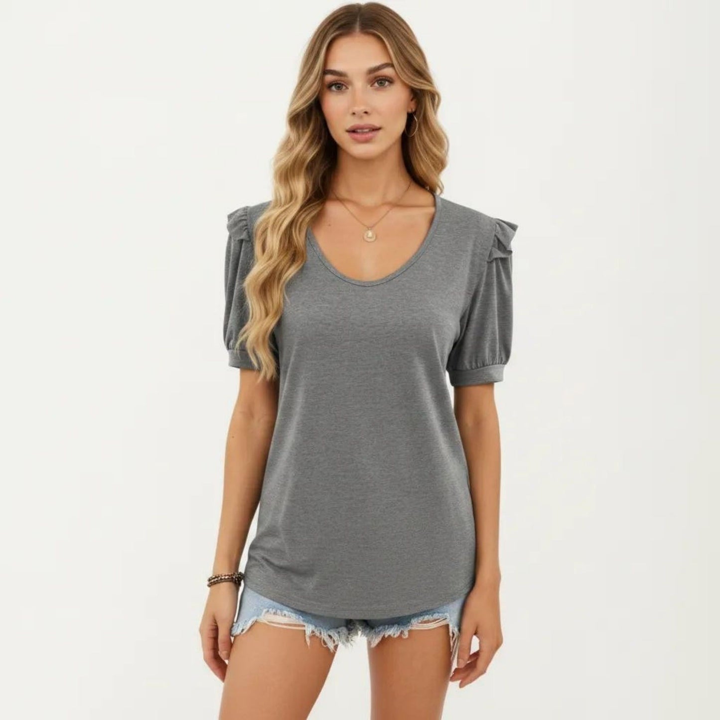 Short Puff Sleeve Top with Scoop Neck Textured Knit Relaxed Fit Casual Shirt