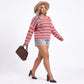 Plus Size Striped Crewneck Button Shoulder Sweater