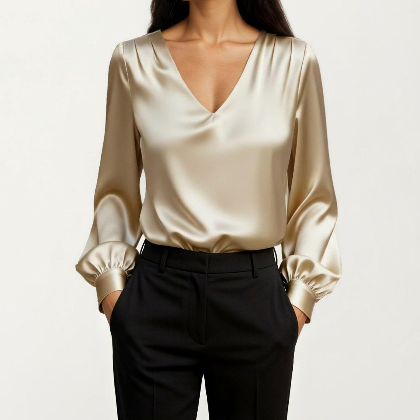 Satin V-Neck Blouse with Long Balloon Sleeves and Wide Cuffs