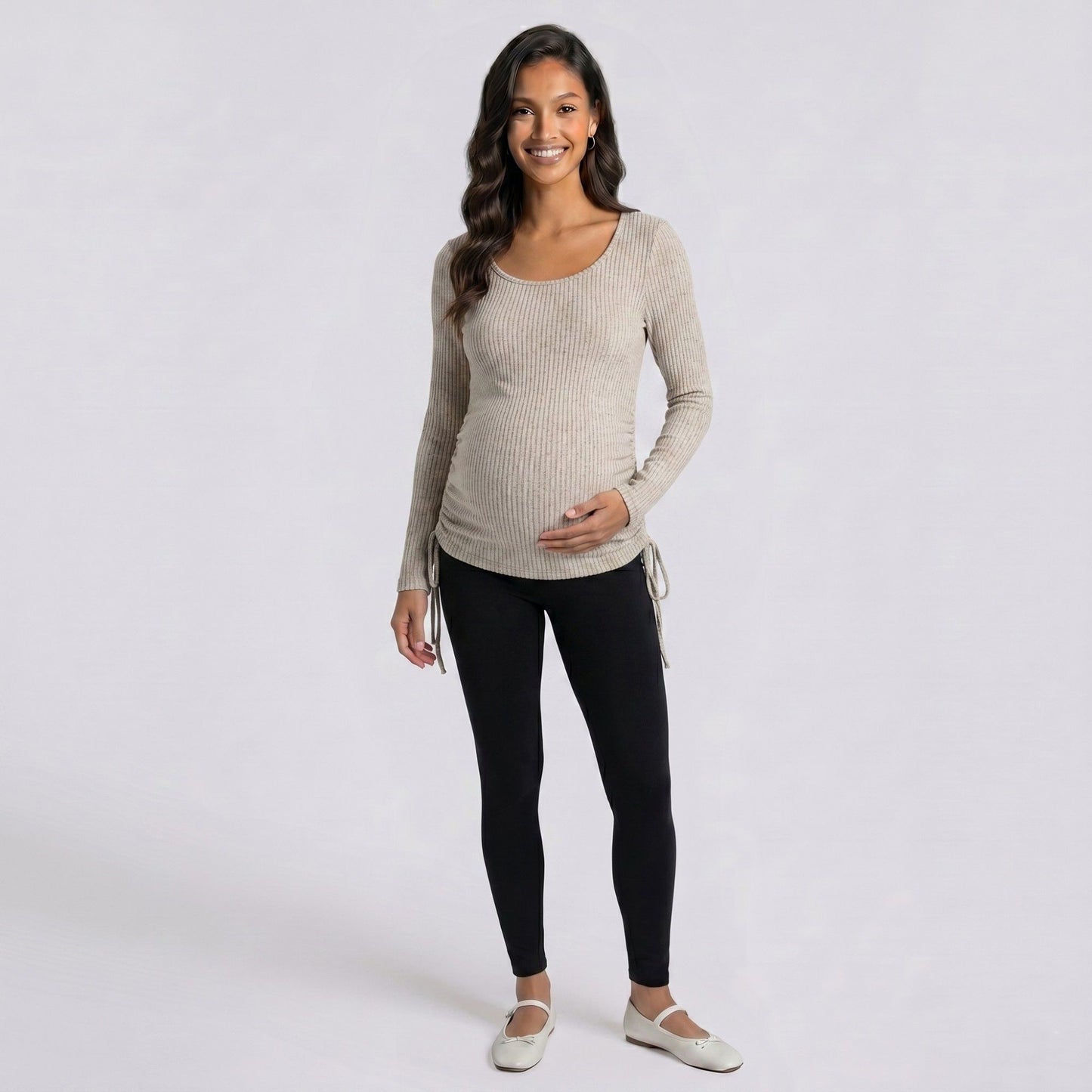 Maternity Ribbed Long Sleeve Top with Scoop Neck and Side Ruched Tie Detail