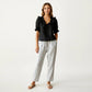 Ruffle Neck Blouse with Short Puff Sleeves and Textured Linen-Like Fabric
