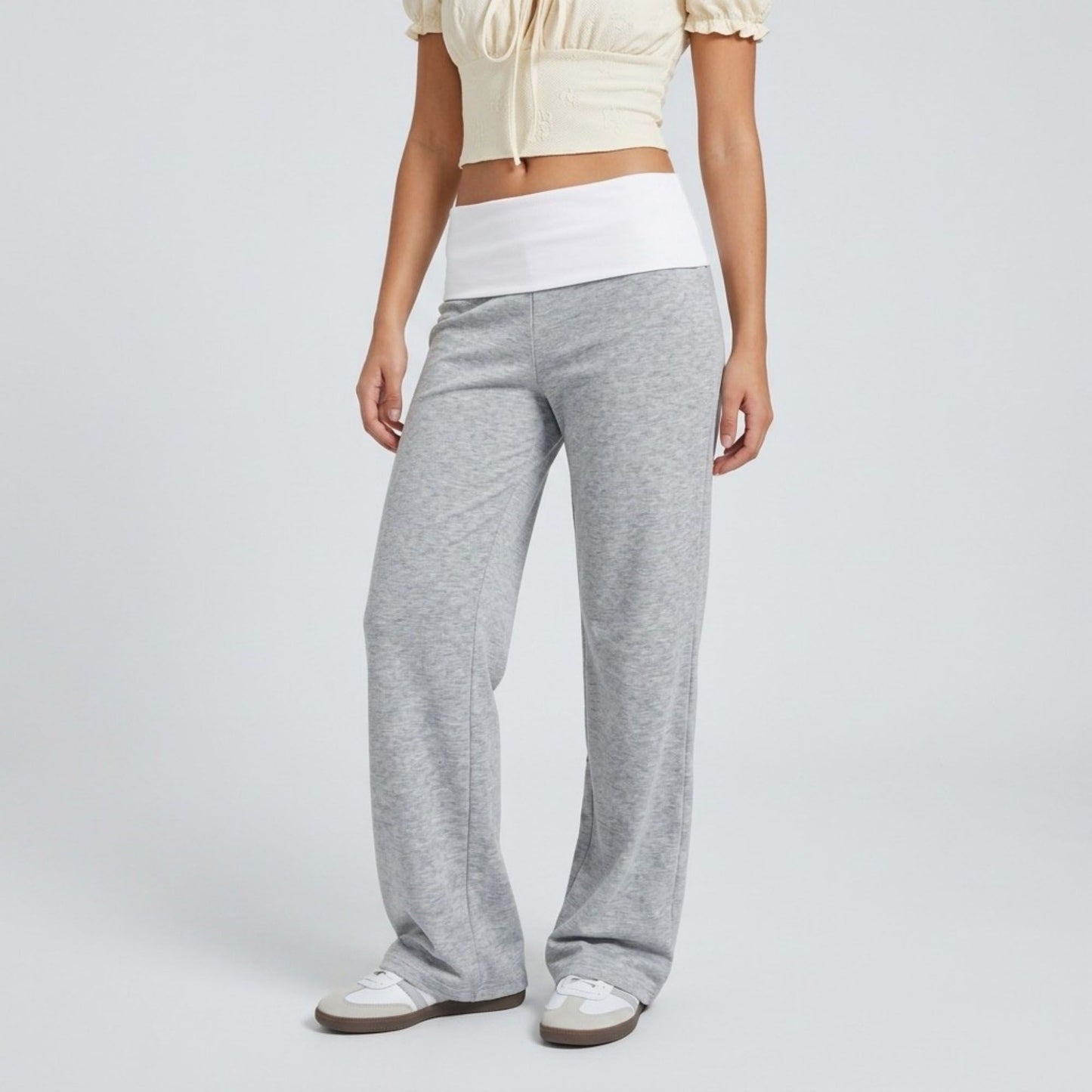 Contrast Foldover Waistband Full-Length Wide-Leg Trousers