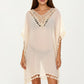 Sheer Crochet V Neck Swim Cover Up Poncho with Tassel Trim and Flowy Silhouette