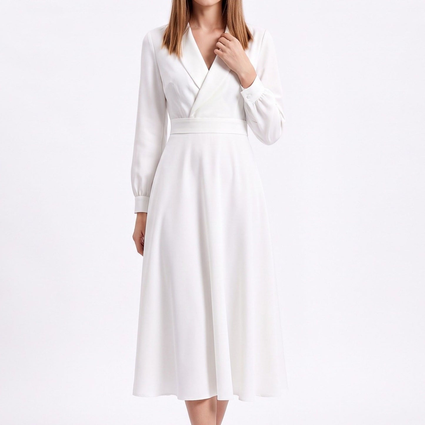 Long Sleeve Notched Collar Midi Dress with Defined Waist and Flared Skirt