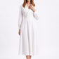 Long Sleeve Notched Collar Midi Dress with Defined Waist and Flared Skirt