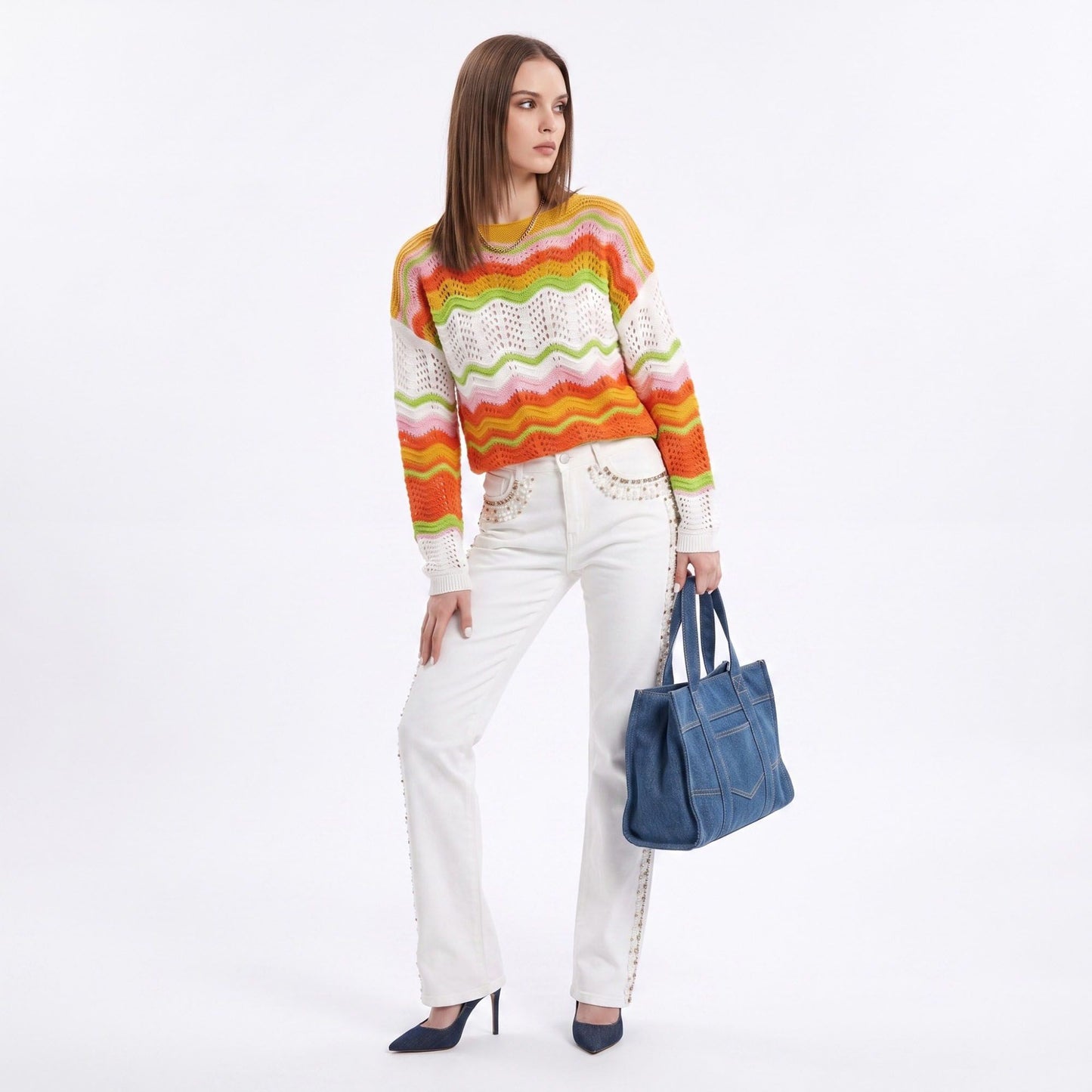 Multicolor Wave Stripe Openwork Knit Long Sleeve Pullover Sweater