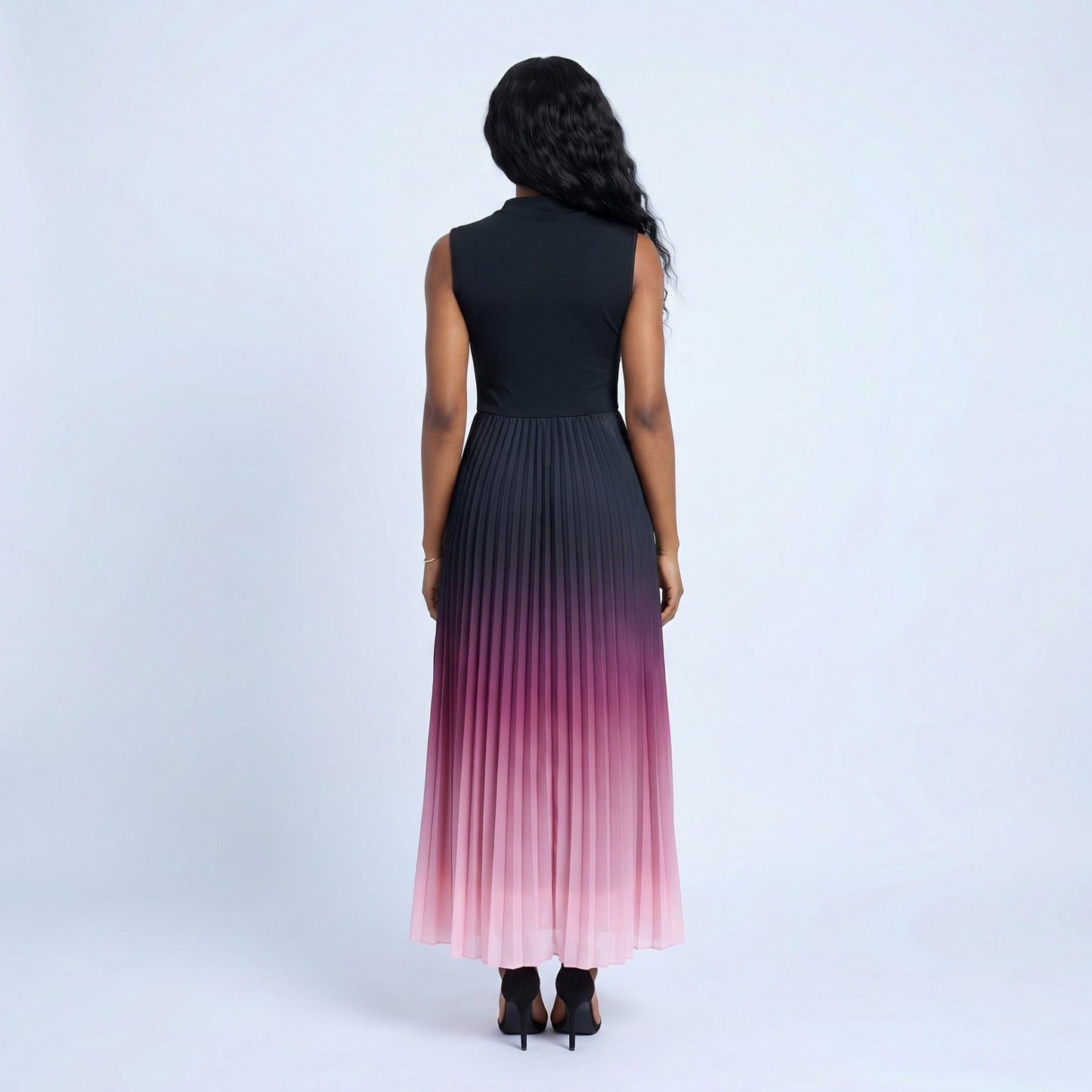 Sleeveless High Neck Pleated Ombre A-Line Maxi Dress with Flowy Skirt