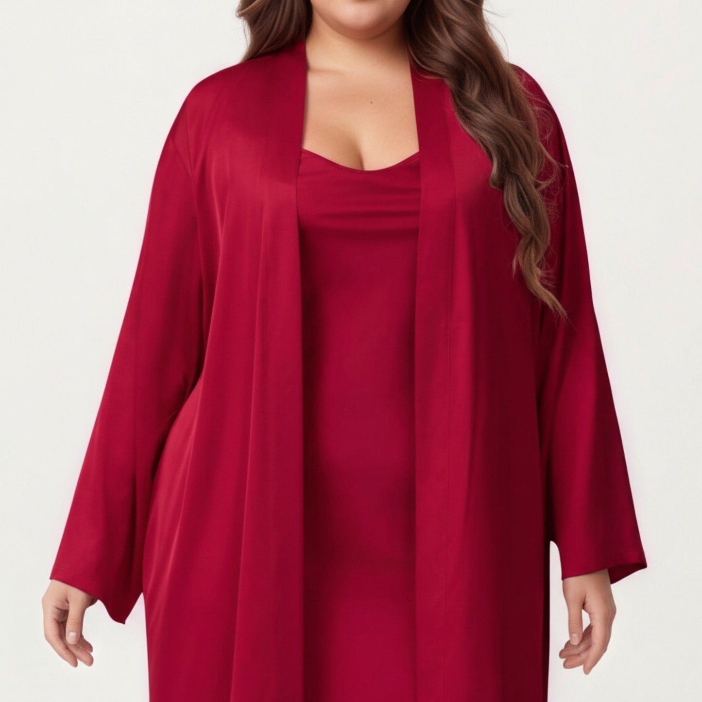 Plus Size 2-Piece Satin Nightgown Set with Long Sleeve Open Front Robe Sleeveless Slip Dress Sleepwear