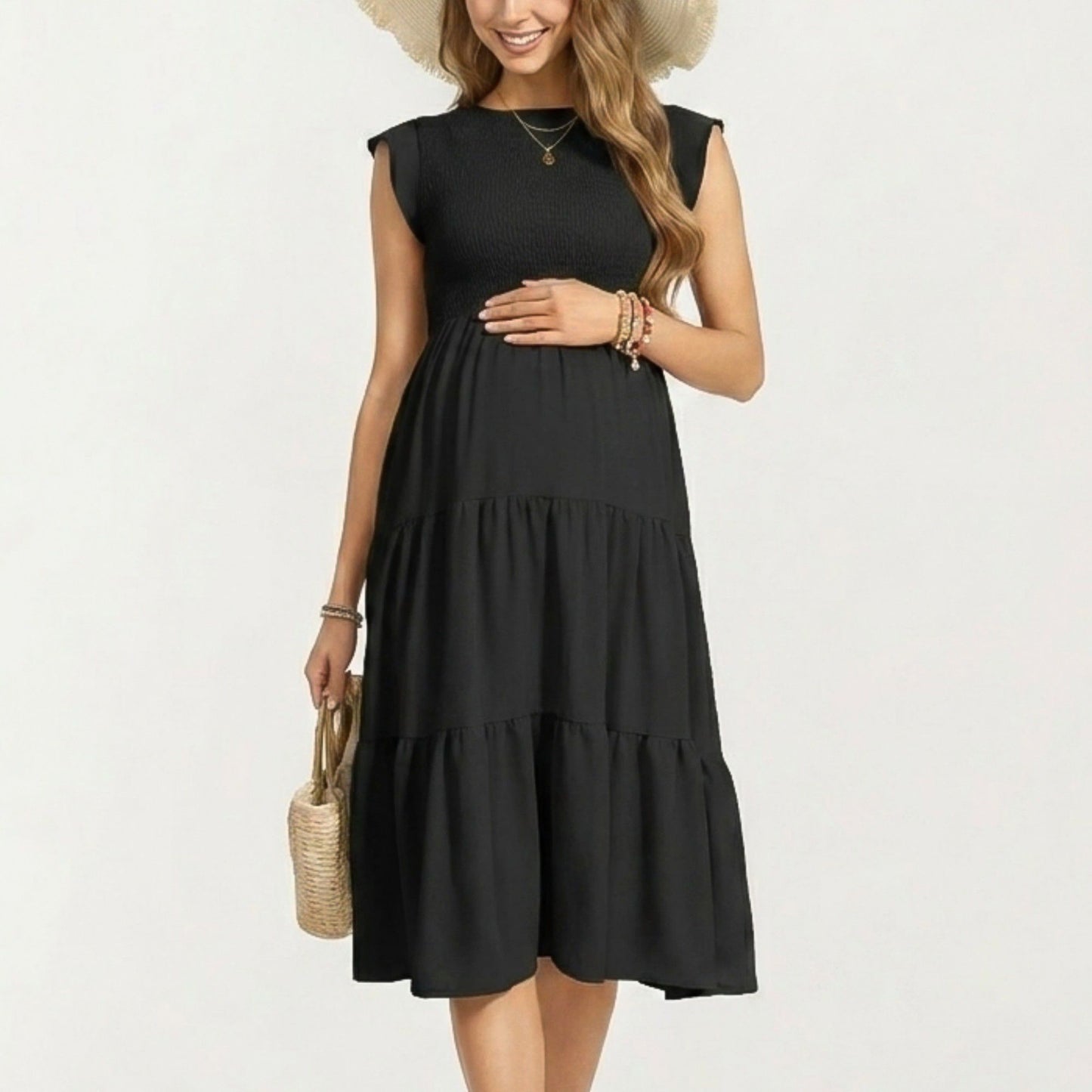 Maternity Smocked Tiered Midi Dress with Cap Sleeves and Round Neck