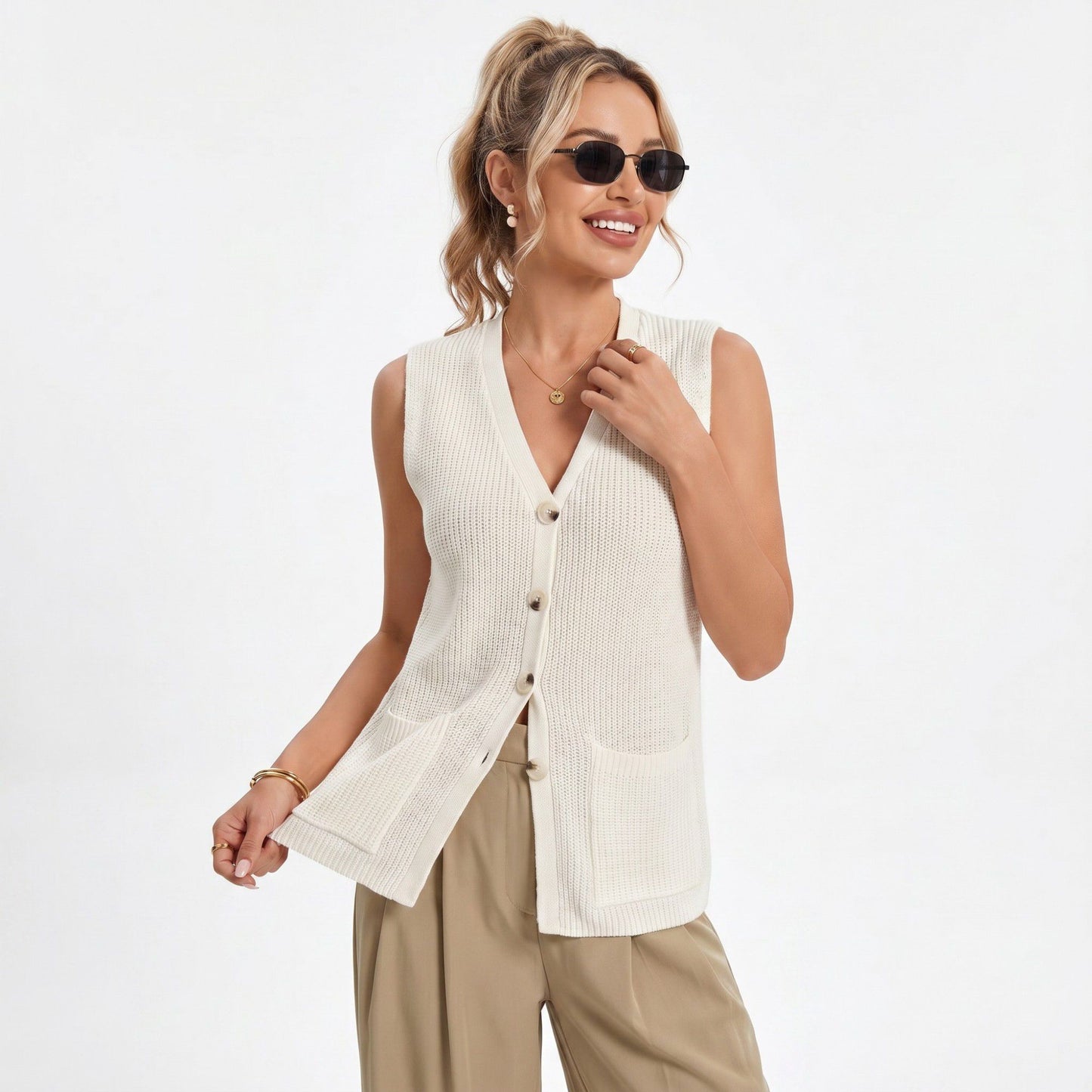 Button Front Sweater Vest V Neck Sleeveless Knit Pocket Top