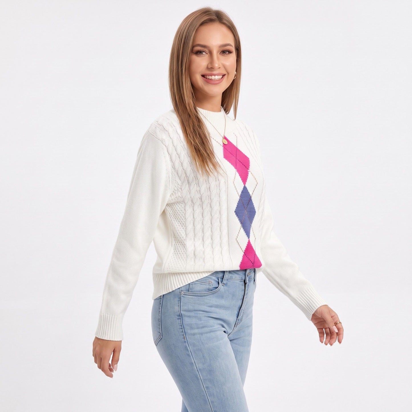 Argyle Cable Knit Mock Neck Sweater