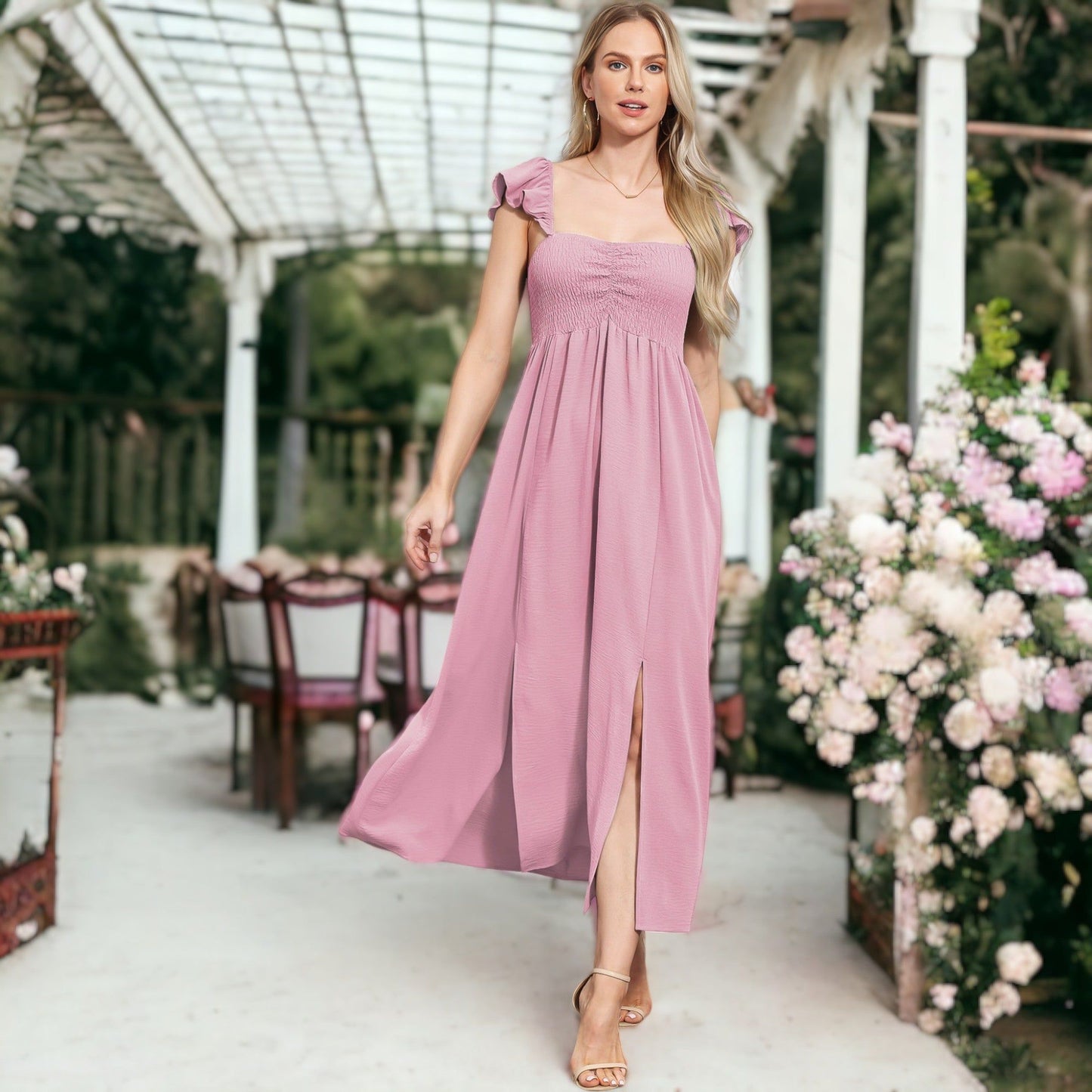 Ruffled Cap Sleeve Maxi Slit Dress