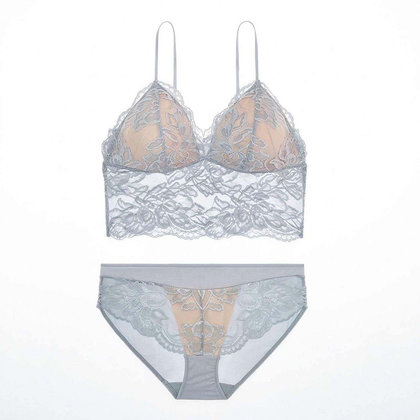 Floral Lace Longline Bralette and Matching Panty Two Piece Lingerie Set