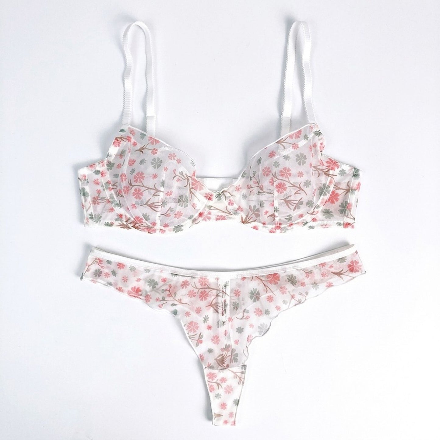 Polka Dot Sheer Mesh Underwire Bra and Panty Two Piece Lingerie Set