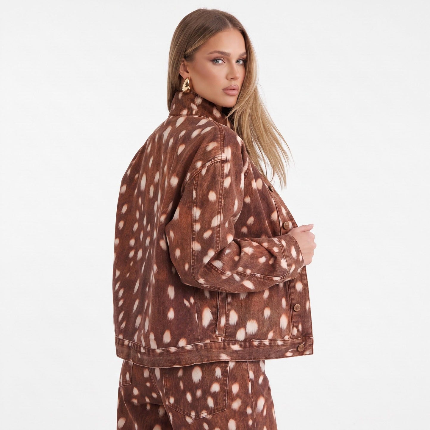 Spotted Print Denim Jacket High Neck Button Front Relaxed Fit Coat