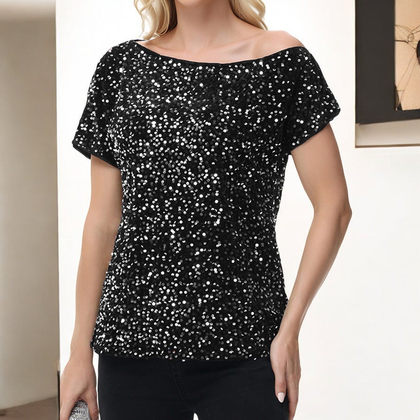 Off-Shoulder Sequin Short Sleeve Top with Relaxed Fit