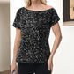 Off-Shoulder Sequin Short Sleeve Top with Relaxed Fit