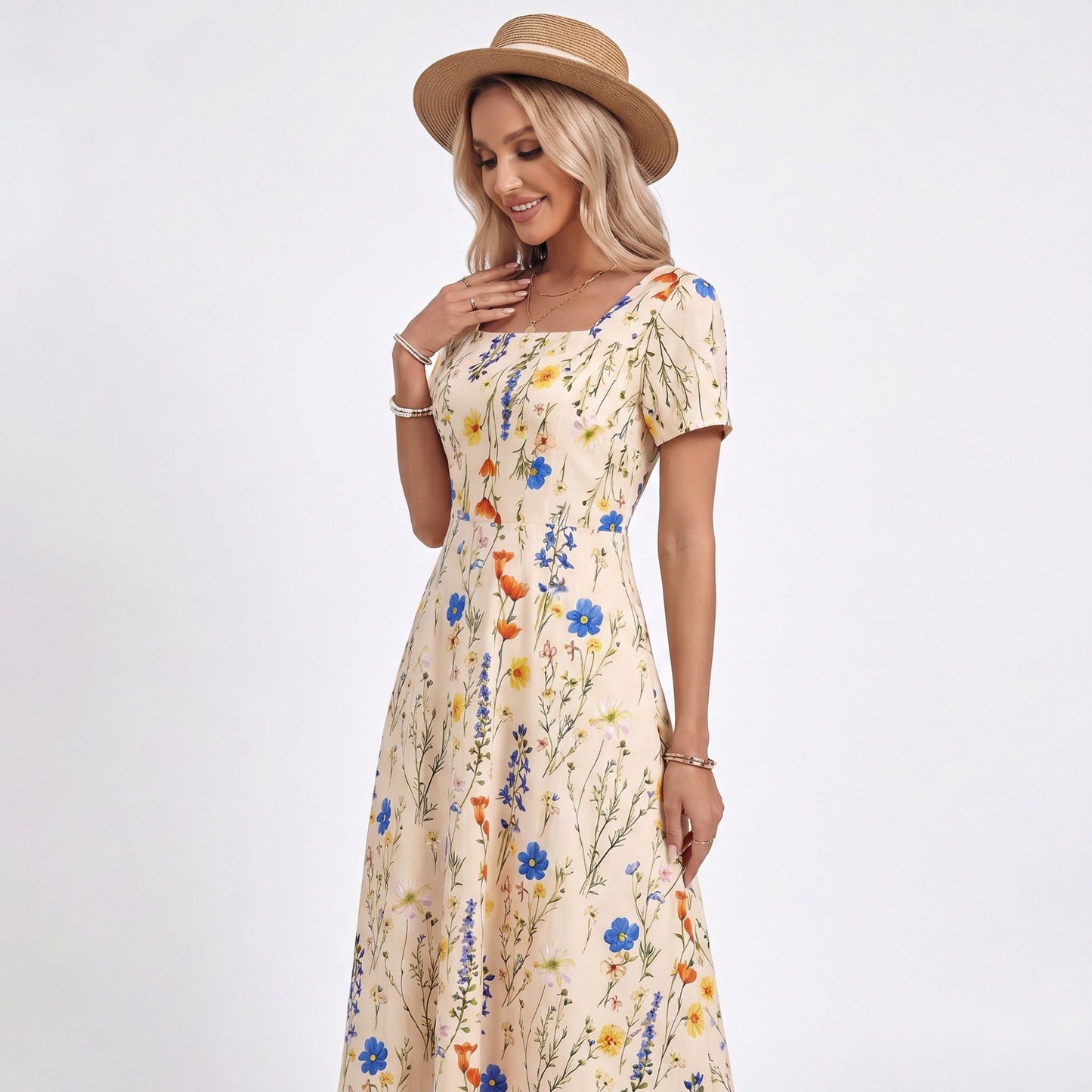 Floral Maxi Dress Square Neck Short Sleeve A Line Button Front Dress