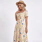 Floral Maxi Dress Square Neck Short Sleeve A Line Button Front Dress