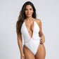 One Piece Swimsuit with Plunging Halter Neckline and Ribbed Textured Fabric