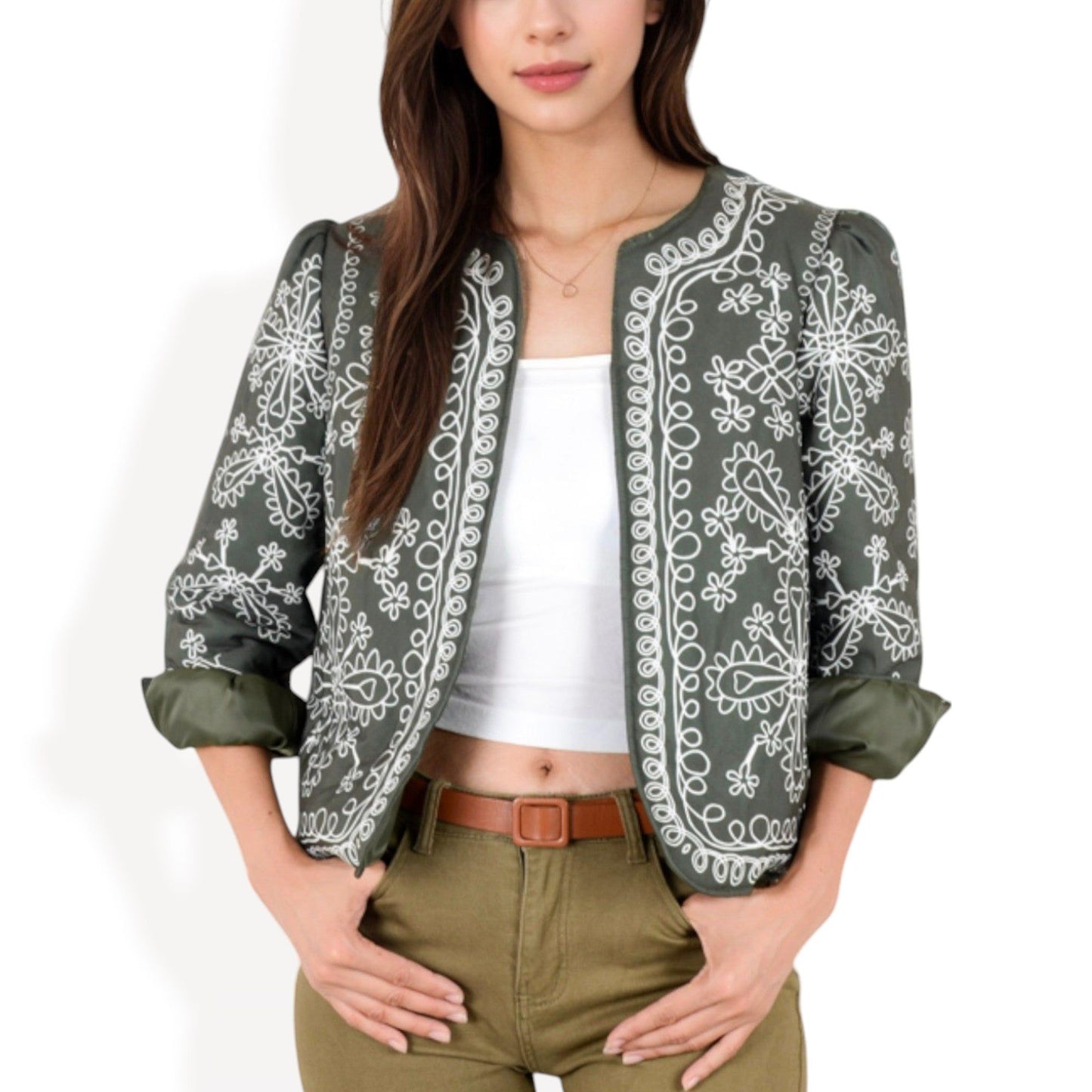 Embroidered Open Front Jacket Puff Sleeves Floral Detailing